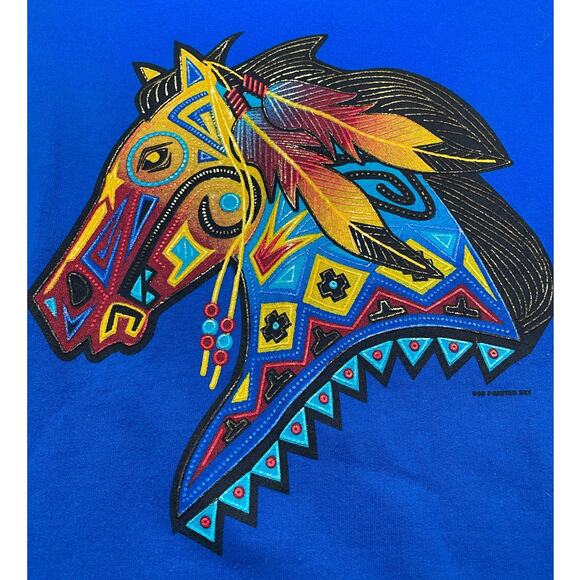 Vintage Painted Horse Native American Tribal Sweatshirt size L Blue - Picture 2 of 9